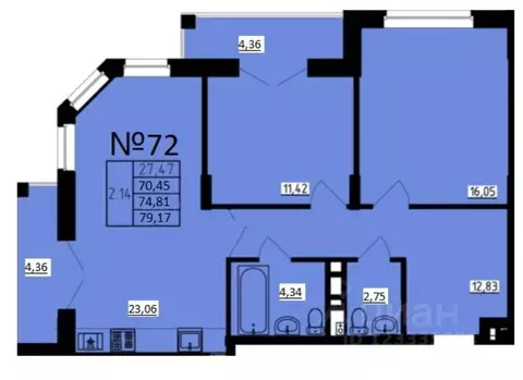 2-к кв. Тульская область, Тула пер. Шевченко, 5 (74.9 м)