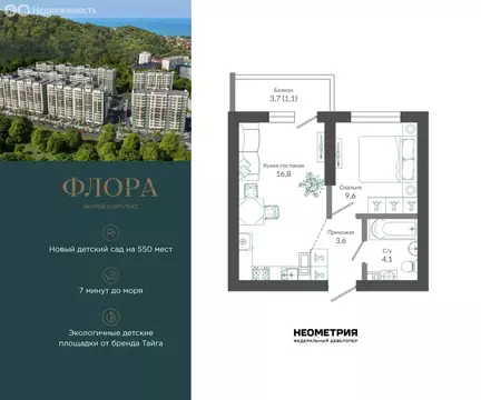 1-комнатная квартира: Сочи, улица Искры, 66/9к7 (35.7 м)