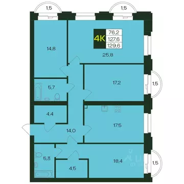 4-к кв. Чувашия, Чебоксары просп. Чебоксарский, 45к2 (129.3 м)