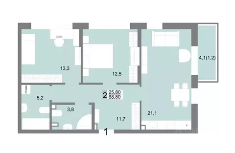 2-к кв. Свердловская область, Екатеринбург ул. Семена Лагоды, 80 (68.8 ...