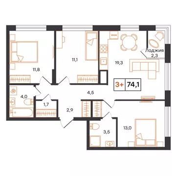 3-комнатная квартира: Тюмень, ЖК UNO (74.1 м)