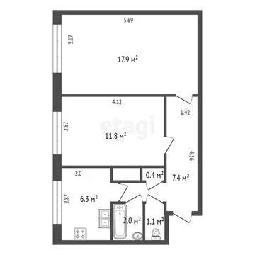 2-комнатная квартира: Санкт-Петербург, улица Руднева, 9к2 (46.9 м)