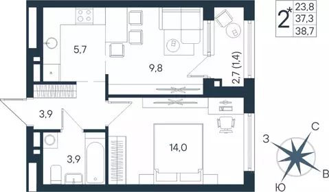 Студия Пермский край, Пермь ул. Космонавта Беляева, 17 (38.7 м)