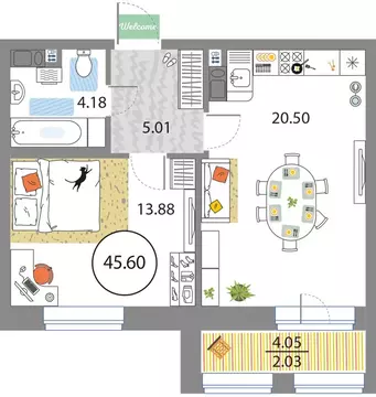 1-комнатная квартира: Санкт-Петербург, проспект Авиаконструкторов, 54 ...