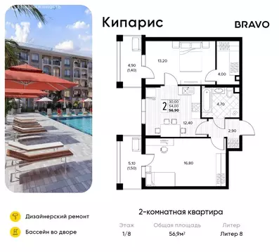2-комнатная квартира: Сукко, жилой комплекс Кипарис (56.9 м)