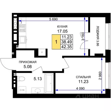 1-к кв. Калининградская область, Гурьевск Включи жилой комплекс (42.35 ...