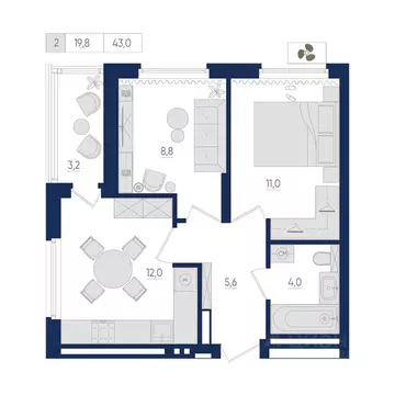 2-к кв. Башкортостан, Уфа ул. Евгения Столярова, 13 (43.0 м)