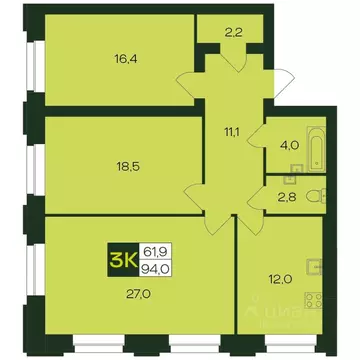3-к кв. Чувашия, Чебоксары просп. Чебоксарский (93.8 м)