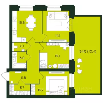 3-к кв. Чувашия, Чебоксары просп. Чебоксарский (88.4 м)