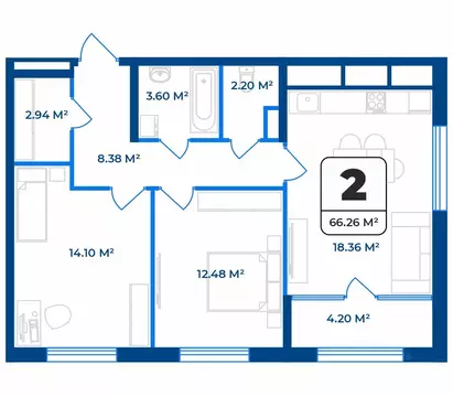2-к кв. Рязанская область, Рязань Телецентр жилрайон,  (66.26 м)