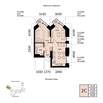 2-к кв. Башкортостан, Уфа ул. Чудинова (44.8 м)