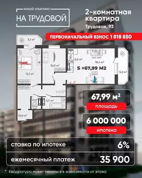 2-к кв. Хакасия, Абакан Трудовая ул., 93 (67.99 м)