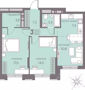 Студия Пермский край, Пермь ул. Серебристая, 5 (64.2 м)