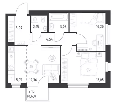 2-к кв. Москва № 37 кв-л,  (53.76 м)