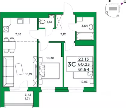 2-к кв. Башкортостан, Уфа Комсомольская ул., 8 (60.23 м)
