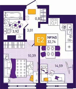1-к кв. Тульская область, Тула ул. Пряничная, 3 (32.74 м)