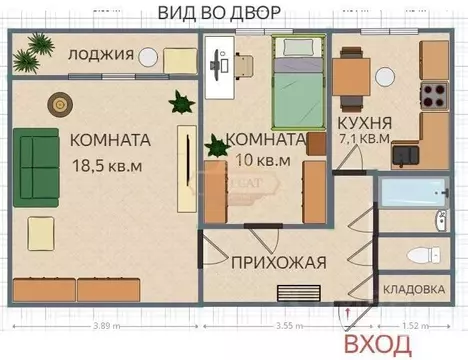 Квартира, 2 комнаты, 45.1 м