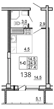 Студия Псковская область, Псков ул. Алексея Алехина, 14 (27.4 м)