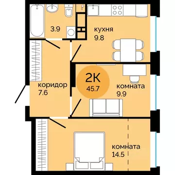 2-к кв. Пермский край, Пермь ул. Яблочкова, 5к4 (45.7 м)