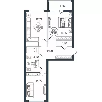 2-к кв. Тверская область, Тверь Бурашевское ш., 60 (62.32 м)