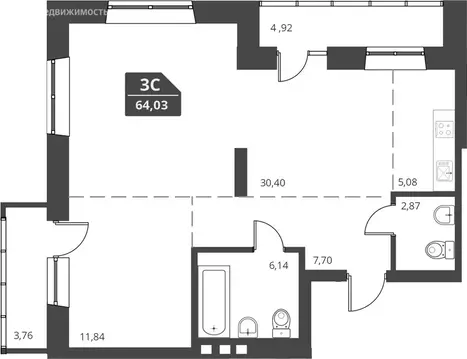 2-комнатная квартира: Новосибирск, Ленинградская улица, 104 (64.03 м)