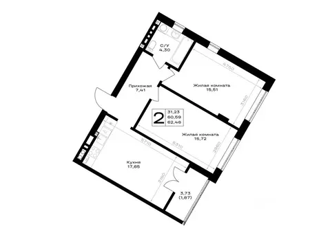 2-к кв. Калининградская область, Гурьевск Включи жилой комплекс (62.46 ...