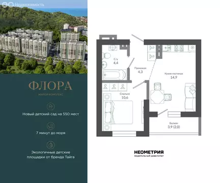 1-комнатная квартира: Сочи, улица Искры, 66/9к7 (35.9 м)