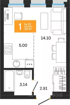 1-к кв. Башкортостан, Уфа ул. Султанова, 28 (25.15 м)