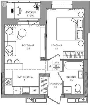2-комнатная квартира: Кондратово, Водопроводная улица, 5 (36.1 м)