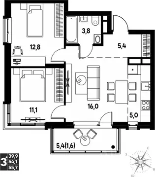 Студия Пермский край, д. Кондратово просп. Дягилева, 3 (55.7 м)