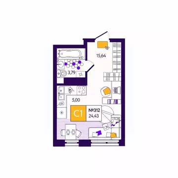 Студия Тульская область, Тула Все и Сразу жилой комплекс (24.43 м)