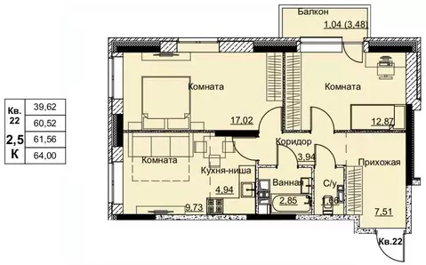 3-к кв. Удмуртия, Ижевск Строитель жилрайон, 6-й мкр,  (61.56 м)