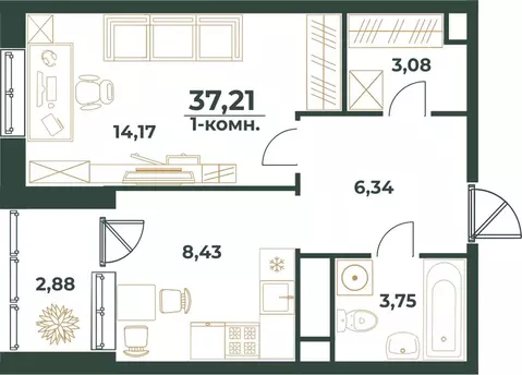 1-к кв. Башкортостан, Уфа ул. Ивана Спатара, 14 (37.21 м)
