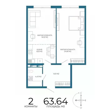 2-к кв. Пензенская область, Пенза Чаадаев жилой комплекс (63.64 м)