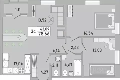 3-к кв. Башкортостан, Уфа Бакалинская ул., 9/1 (78.66 м)