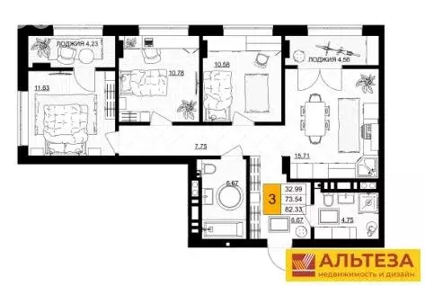 3-комнатная квартира: Гурьевск, жилой комплекс Включи (83.6 м)