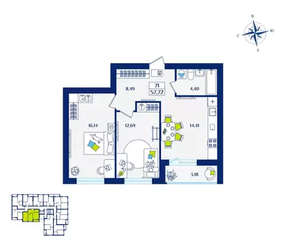 2-к кв. Калининградская область, Зеленоградск  (57.72 м)