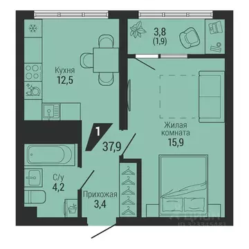 1-к кв. Свердловская область, Екатеринбург Вторчермет жилрайон,  (37.9 ...