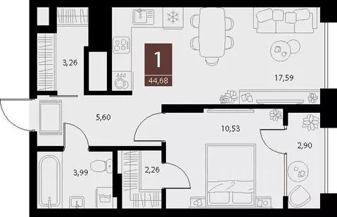 1-к кв. Рязанская область, Рязань ул. Бирюзова, 20с1 (44.68 м)