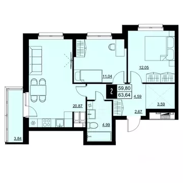 2-к кв. Самарская область, Самара Южное ш., 7А (61.72 м)