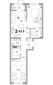2-к кв. Владимирская область, Владимир Уно жилой комплекс (63.3 м)