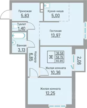 3-к кв. Пермский край, д. Кондратово ул. Водопроводная, 6/4 (60.85 м)