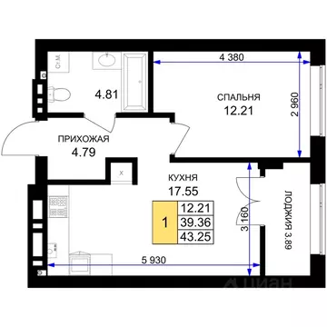 1-к кв. Калининградская область, Гурьевск Включи жилой комплекс (43.25 ...