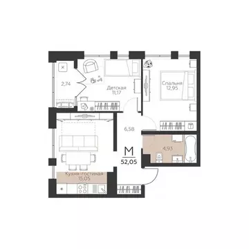2-к кв. Тульская область, Тула Огни жилой комплекс (52.05 м)