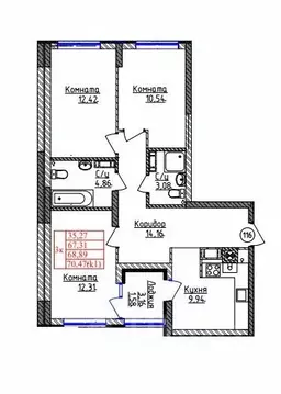 3-к кв. Калининградская область, Калининград ул. Дубовая Аллея (68.89 ...