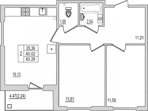 2-к кв. Псковская область, Псков Рижский просп., 94Г (62.26 м)