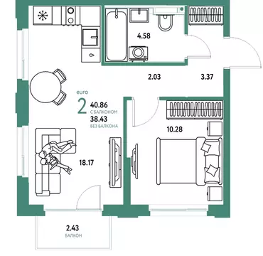 2-к кв. Тюменская область, Тюмень ул. 50 лет Октября, 61к1 (40.86 м)