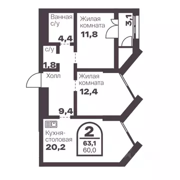 2-к кв. Челябинская область, Челябинск просп. Ленина, 19В (60.0 м)