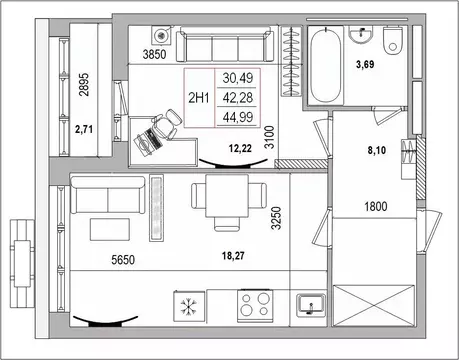2-к кв. Белгородская область, Белгород Славянская ул. (45.01 м)