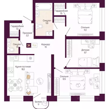 3-к кв. Нижегородская область, Нижний Новгород ул. Тургенева (75.8 м)